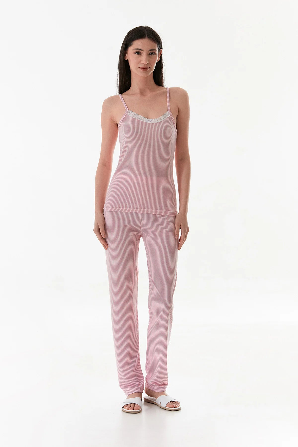 Thin Striped Strappy Lace Pajama Set - Denoss