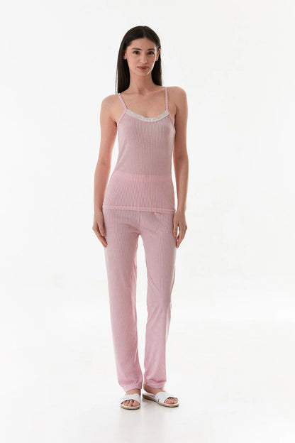 Thin Striped Strappy Lace Pajama Set - Denoss