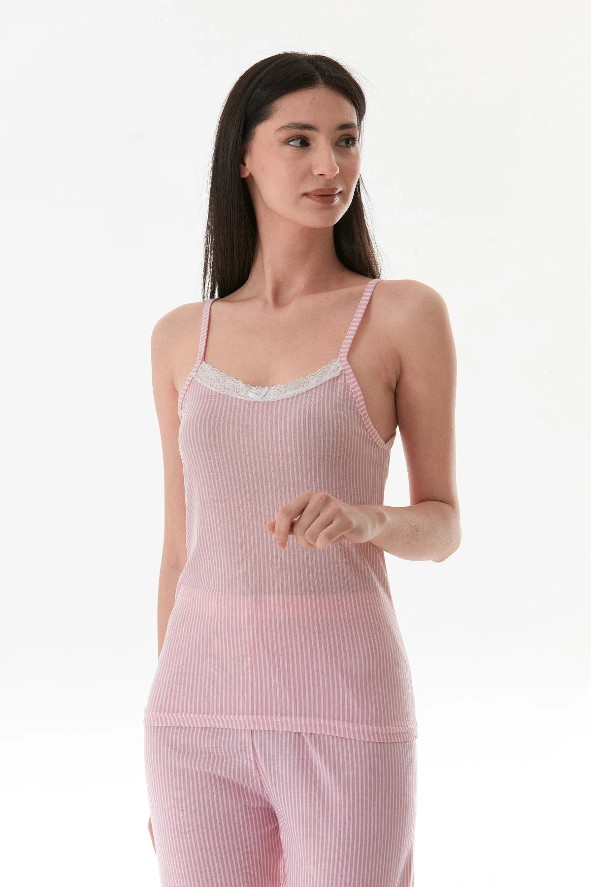 Thin Striped Strappy Lace Pajama Set - Denoss