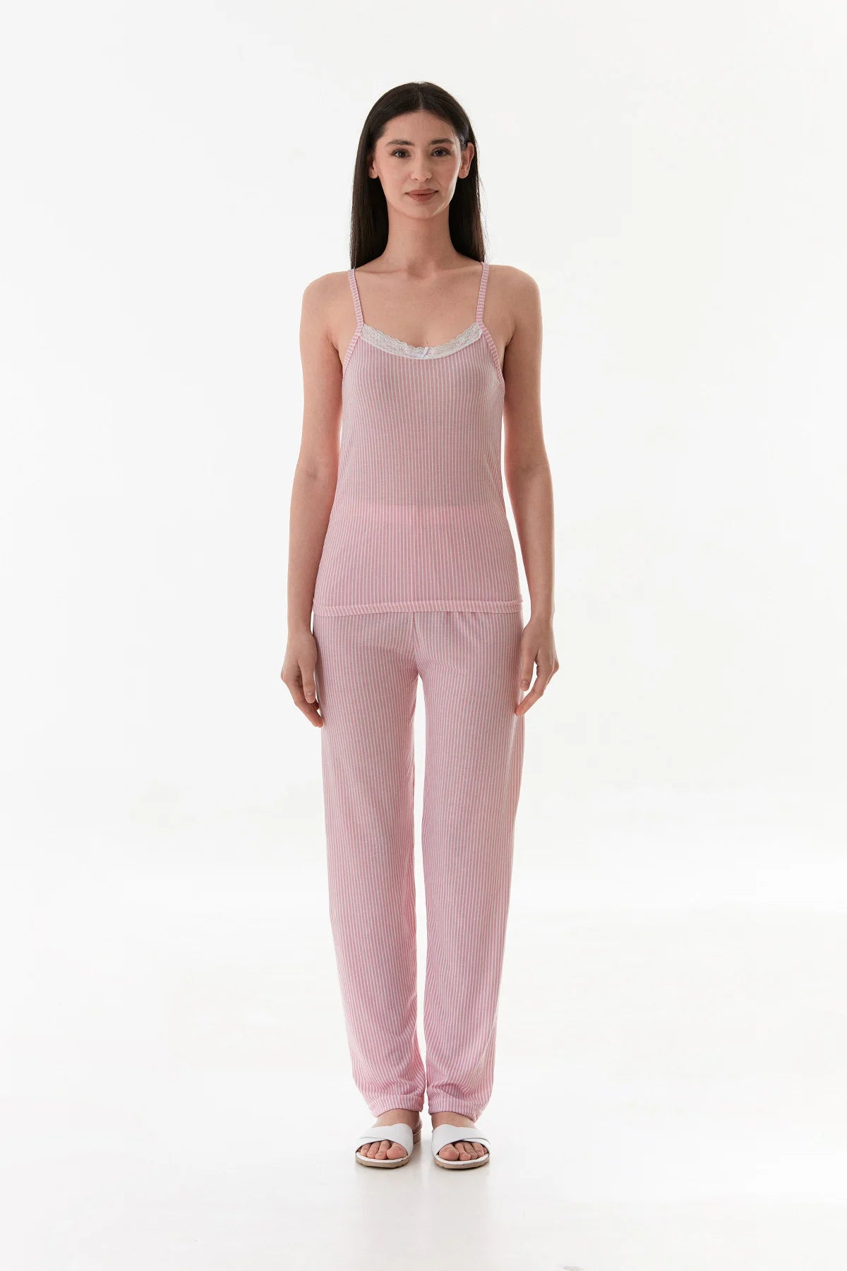 Thin Striped Strappy Lace Pajama Set - Denoss