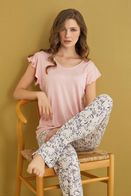 Pudra Leaf Pattern Wide Neck Pajama Set - Denoss