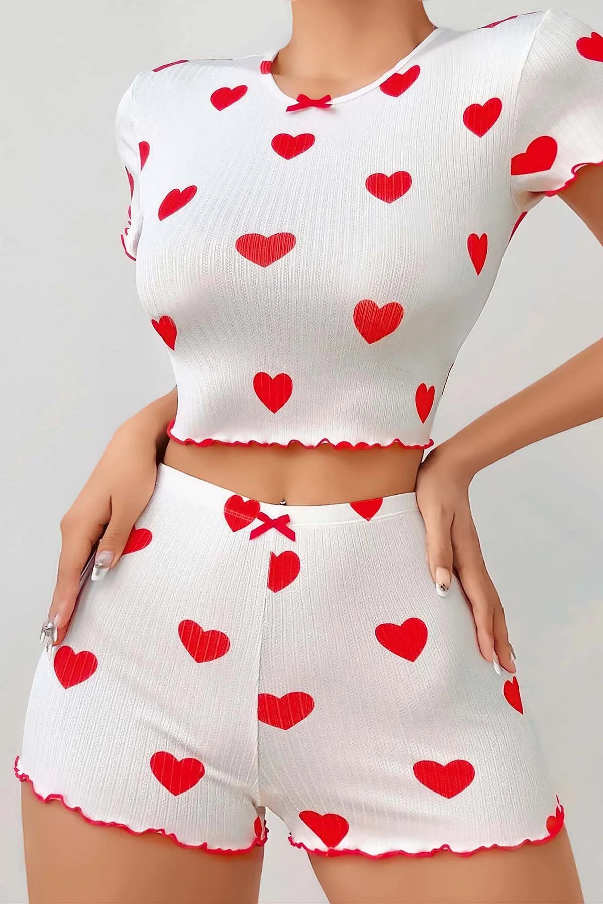 Heart Patterned Ruffled Shorts Pajama Set - Denoss