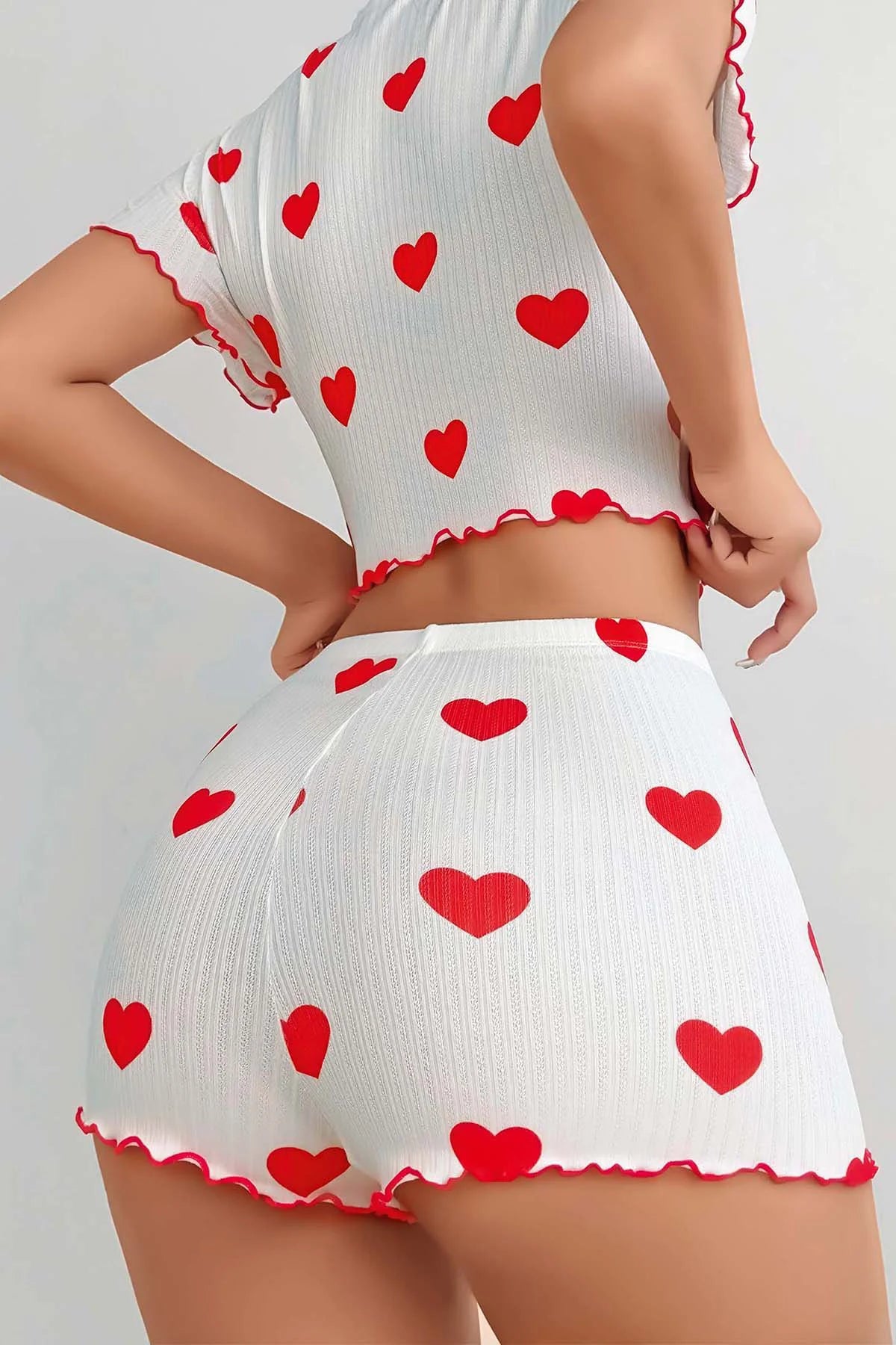 Heart Patterned Ruffled Shorts Pajama Set - Denoss