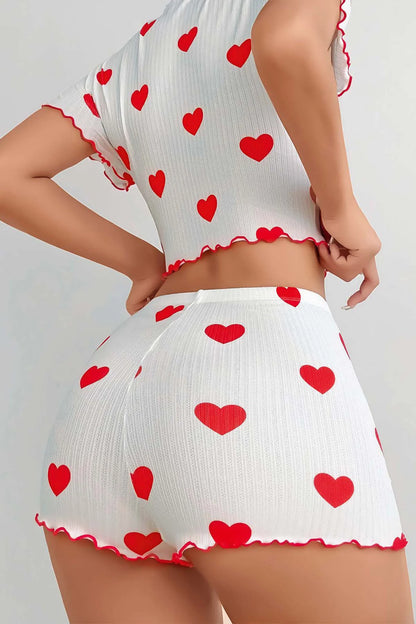 Heart Patterned Ruffled Shorts Pajama Set - Denoss