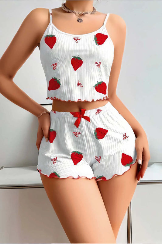 Strawberry Patterned Ruffled Shorts Pajama Set - Denoss