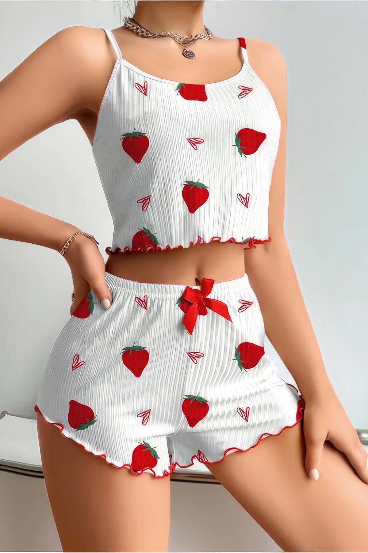 Strawberry Patterned Ruffled Shorts Pajama Set - Denoss