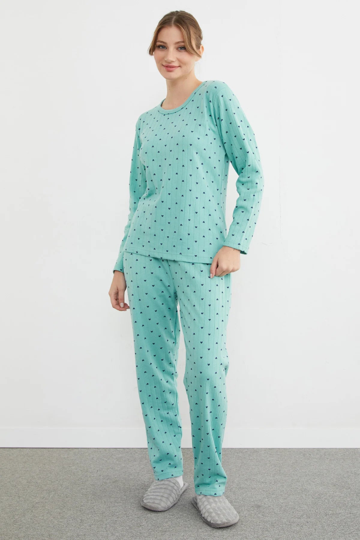Light Green Plus Size Heart and Star Pattern Pajama Set - Denoss