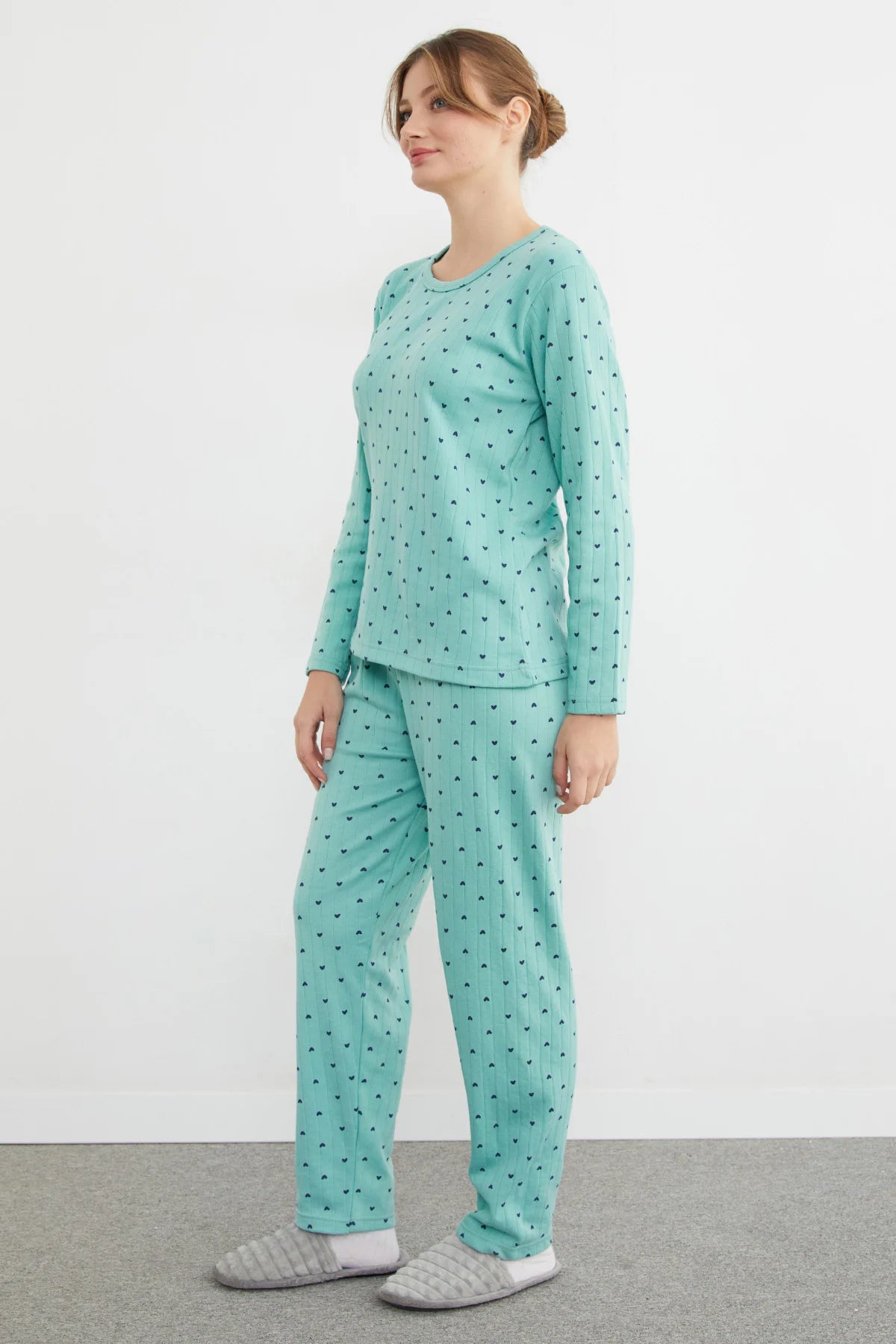 Light Green Plus Size Heart and Star Pattern Pajama Set - Denoss