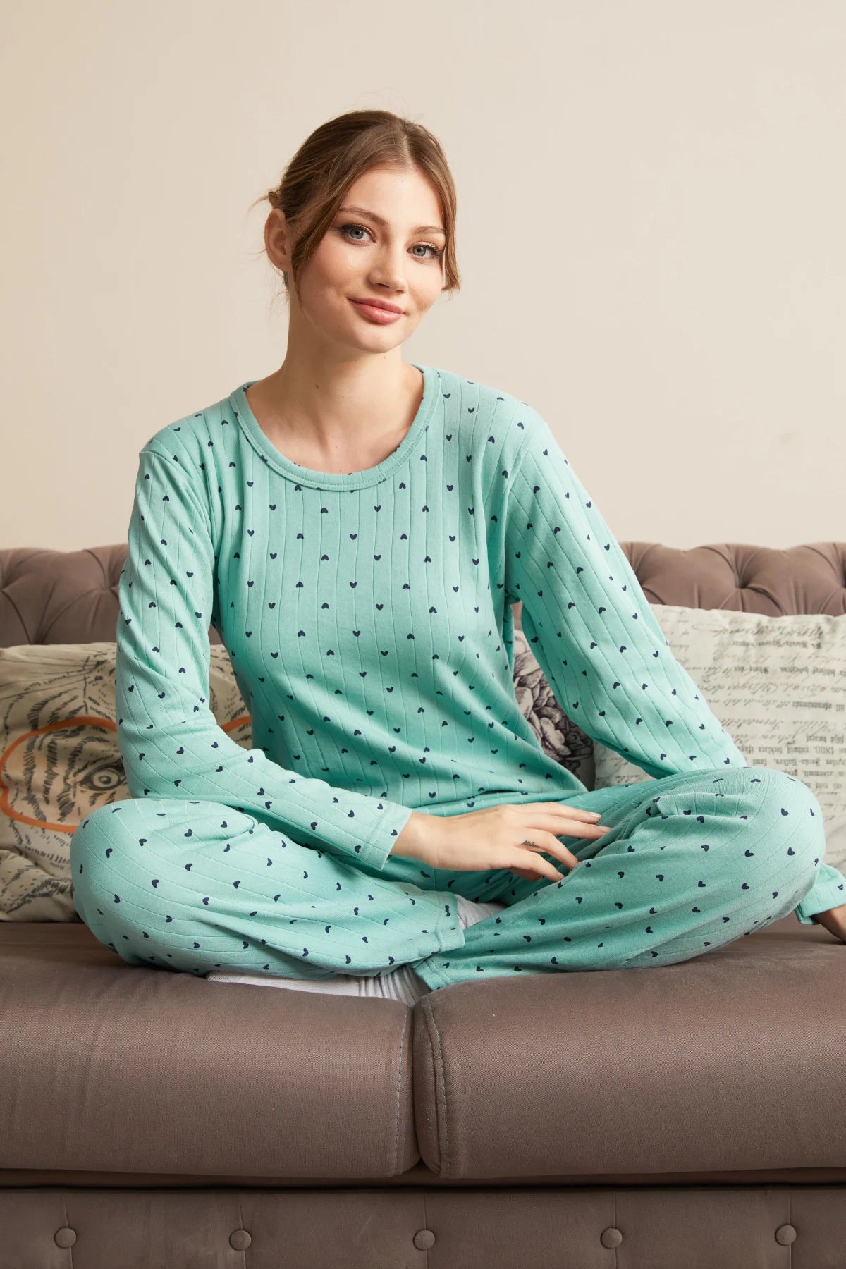 Light Green Plus Size Heart and Star Pattern Pajama Set - Denoss