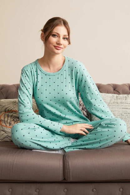 Light Green Plus Size Heart and Star Pattern Pajama Set - Denoss