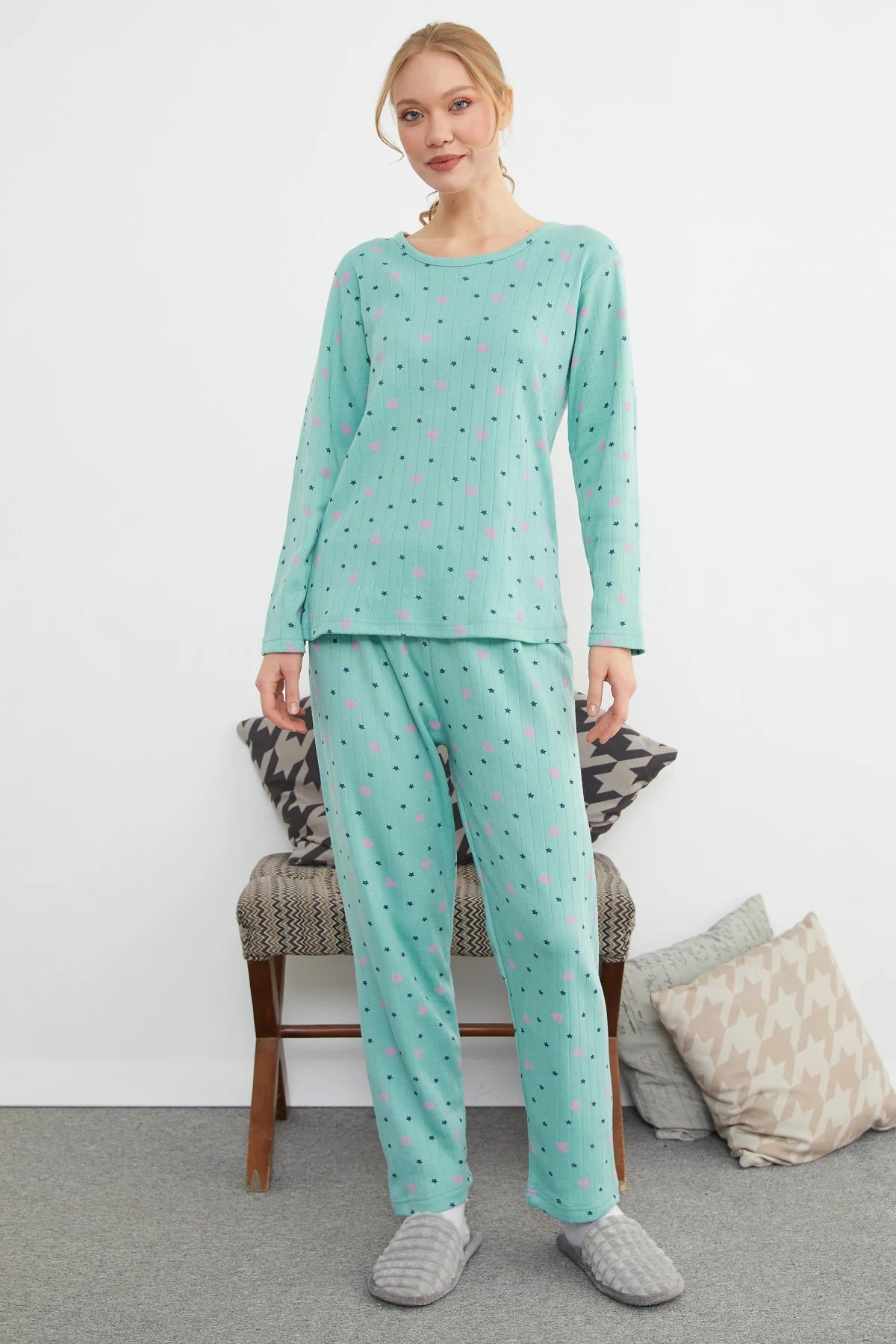 Green Plus Size Heart and Star Pattern Pajama Set - Denoss