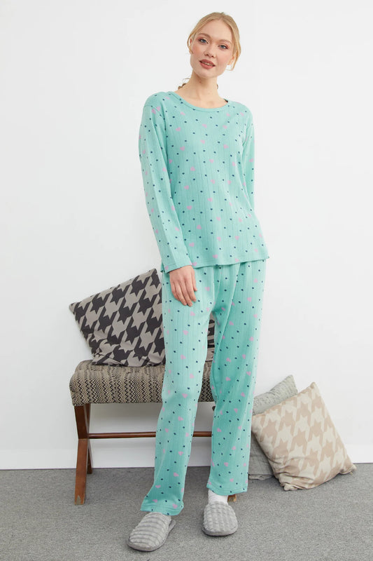 Green Plus Size Heart and Star Pattern Pajama Set - Denoss