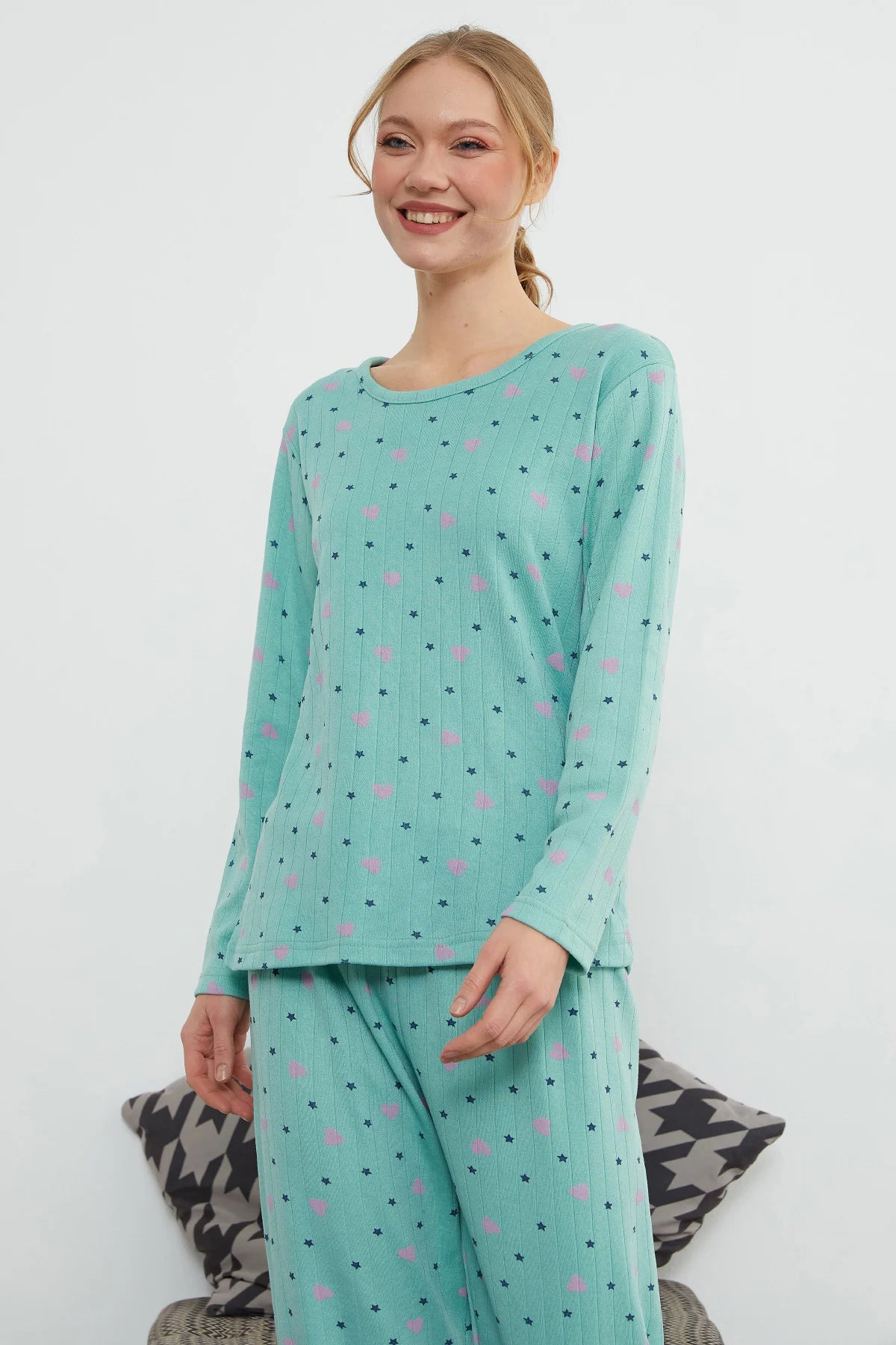 Green Plus Size Heart and Star Pattern Pajama Set - Denoss