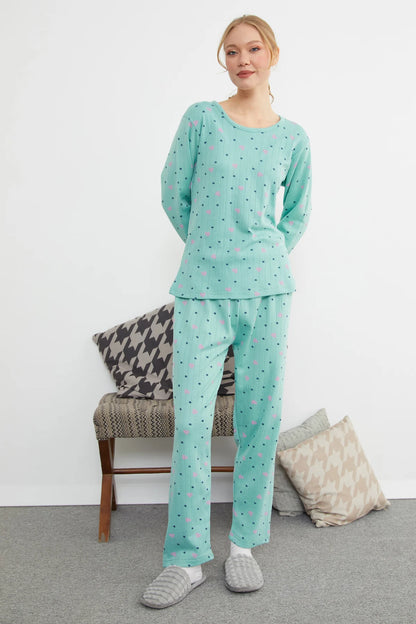 Green Plus Size Heart and Star Pattern Pajama Set - Denoss