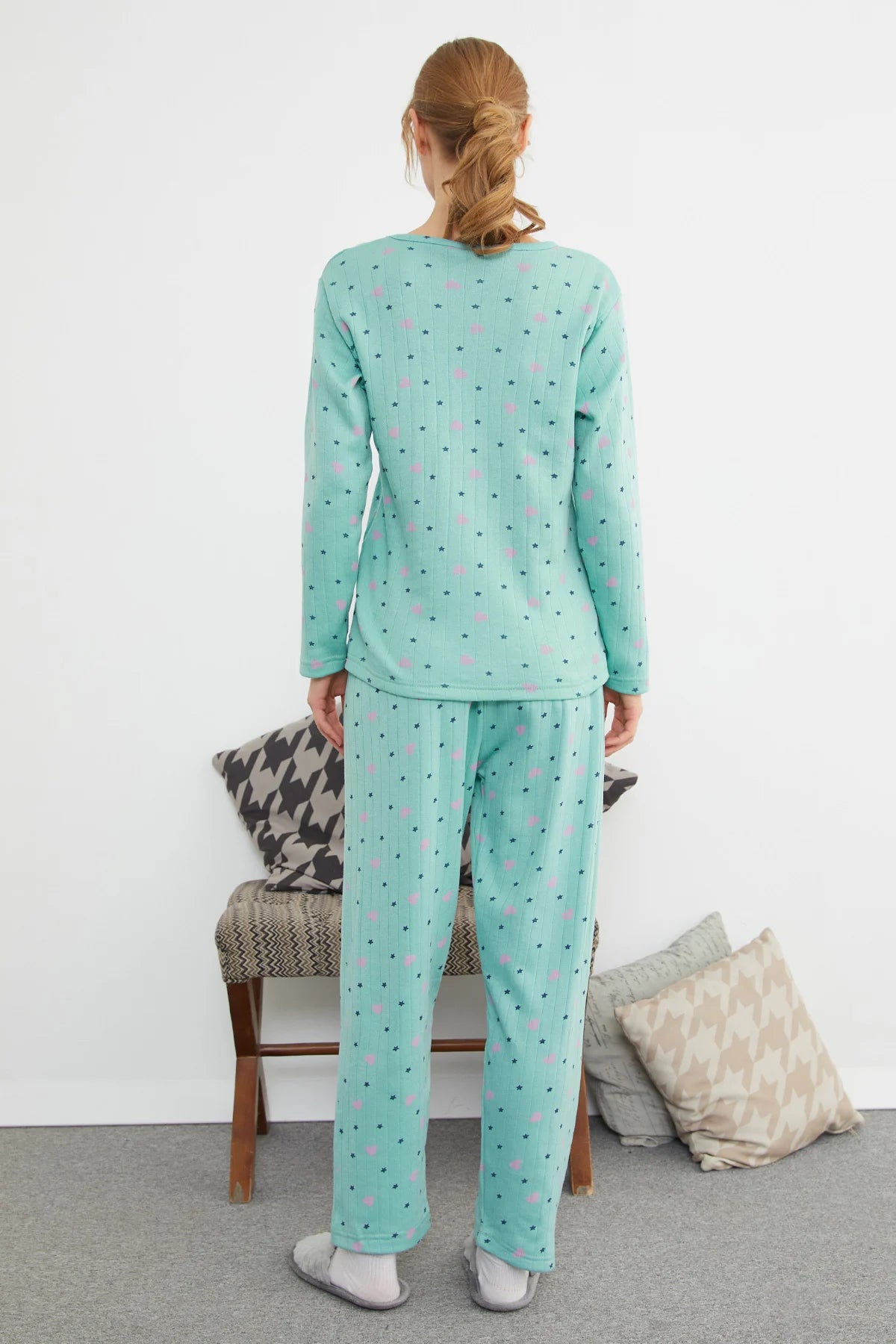 Green Plus Size Heart and Star Pattern Pajama Set - Denoss