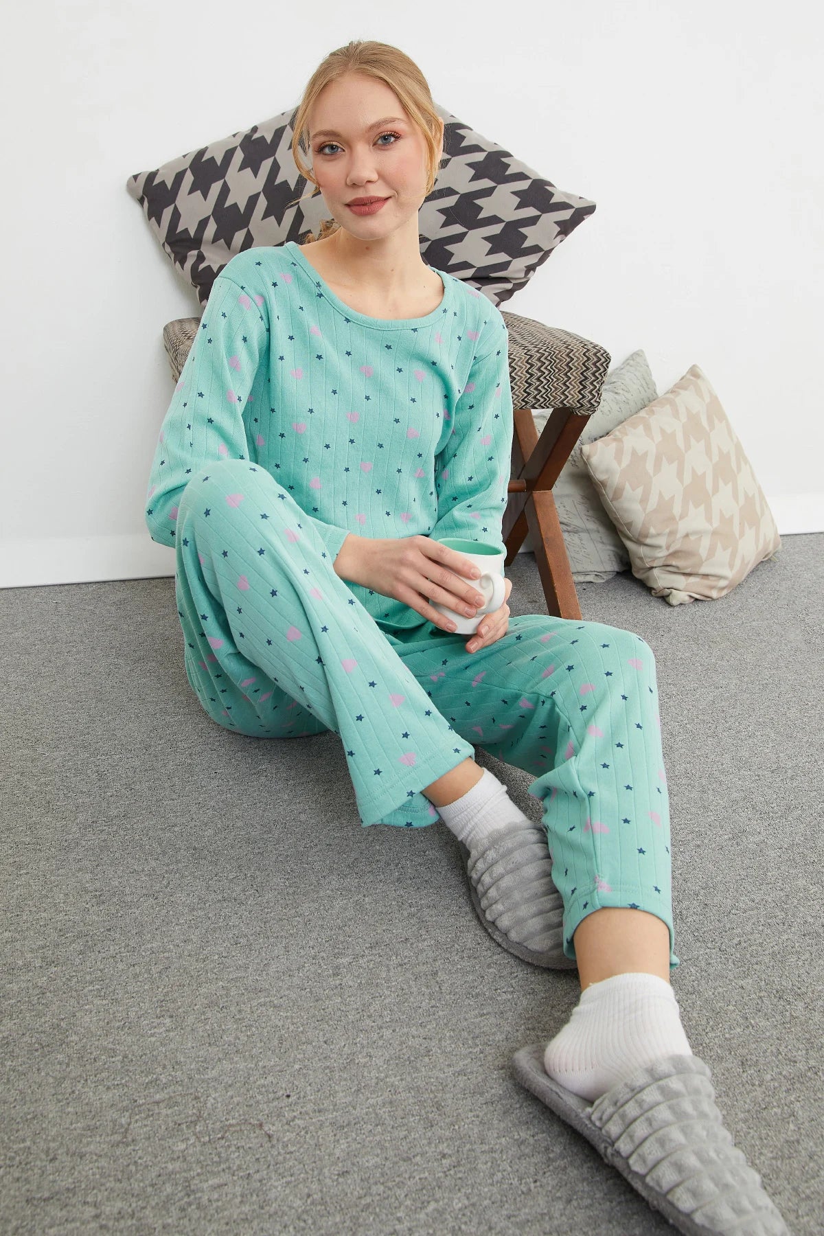 Green Plus Size Heart and Star Pattern Pajama Set - Denoss