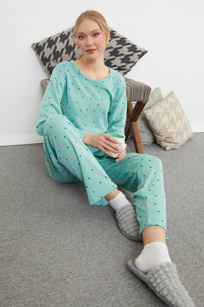 Green Plus Size Heart and Star Pattern Pajama Set - Denoss
