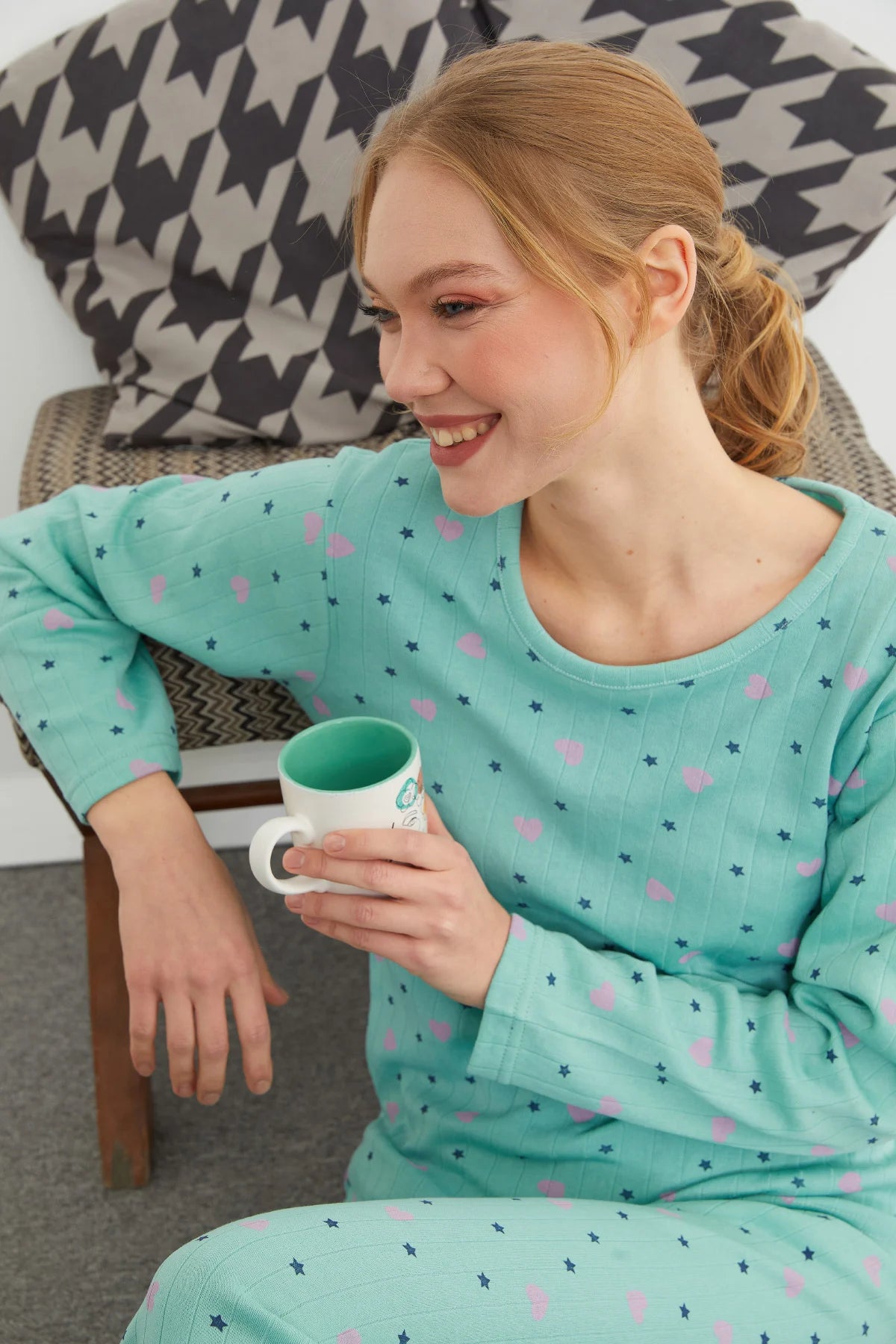 Green Plus Size Heart and Star Pattern Pajama Set - Denoss