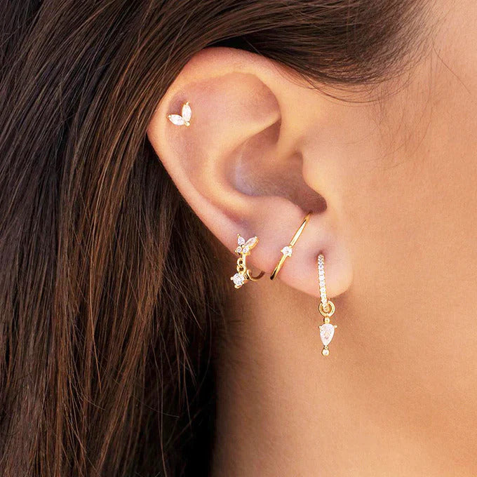 Dainty CZ Butterfly Shaped Huggie Hoop Earrings With Dangling Charm