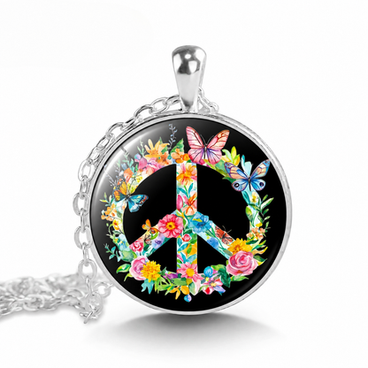 Boho Hippie Peace sign necklace,Hippie peace symbol with flowers,retro symbolic jewelry