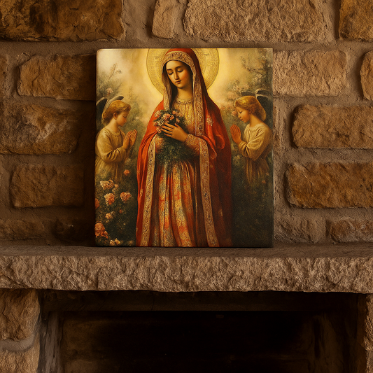 Our Lady of Lourdes,Christian Home Decor,Fresco on Antique Marble