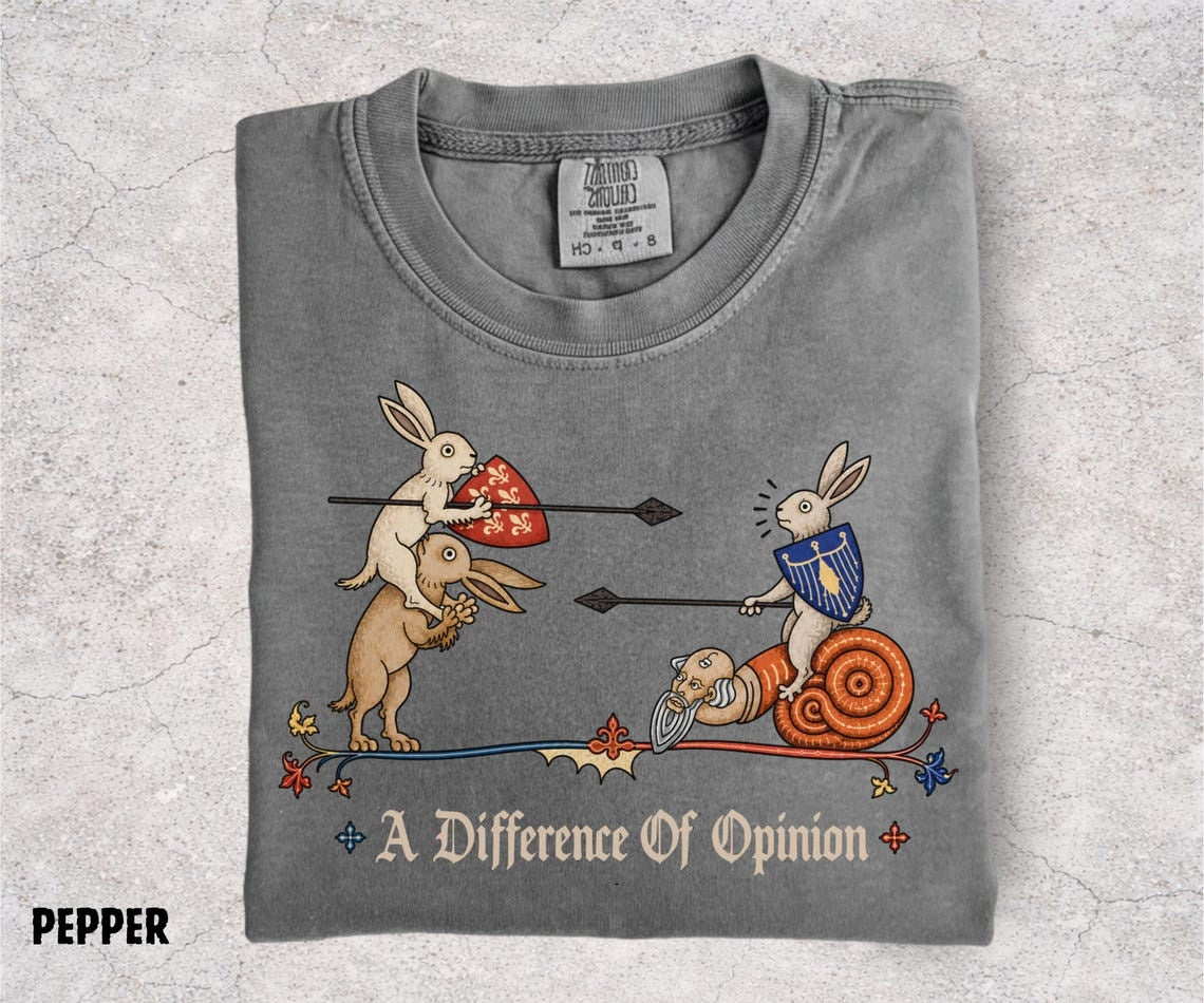 A Difference of Opinion Shirt, Medieval Rabbit Tee, Funny Bunny Knight Shirt, Medieval Snail, Renaissance Humor, Ren Faire Tee - Denoss