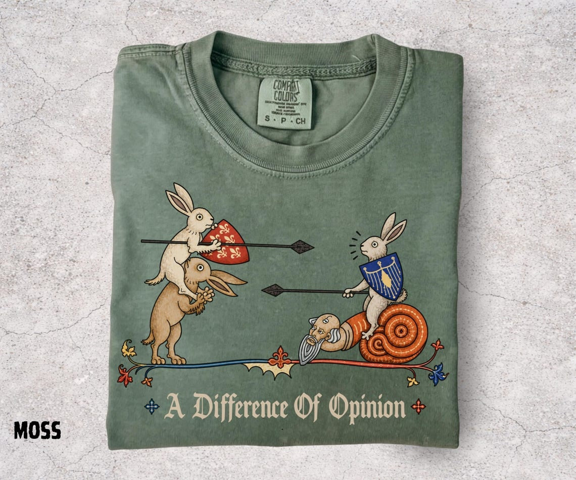 A Difference of Opinion Shirt, Medieval Rabbit Tee, Funny Bunny Knight Shirt, Medieval Snail, Renaissance Humor, Ren Faire Tee - Denoss