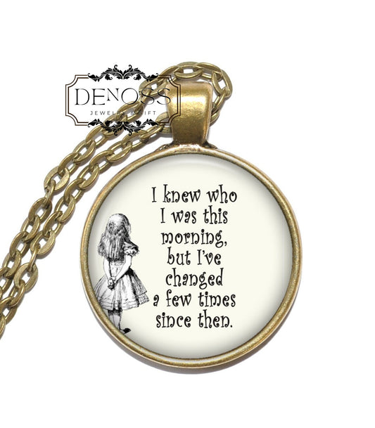 ALICE IN WONDERLAND Quote Necklace,Art Pendant Necklace,Inspirational Necklace,Glass Pendant,Handmade Jewelry - Denoss