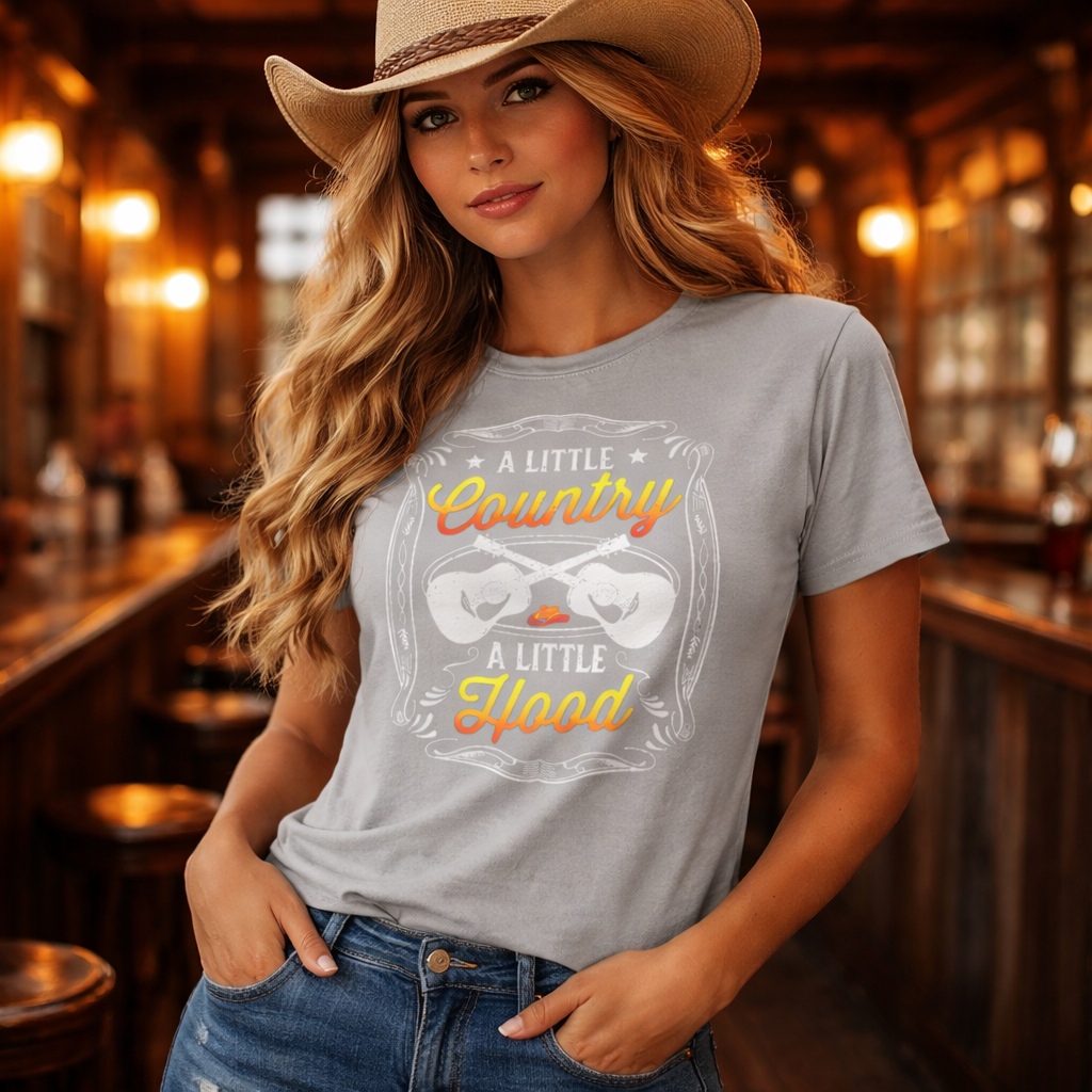 Woman wearing a gray t-shirt with a graphic design in a bar setting