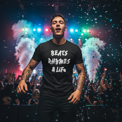 Black t-shirt with 'BEATS RHYMES & LiFE' text on a white background