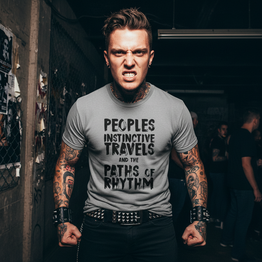 Gray t-shirt with black text on a white background