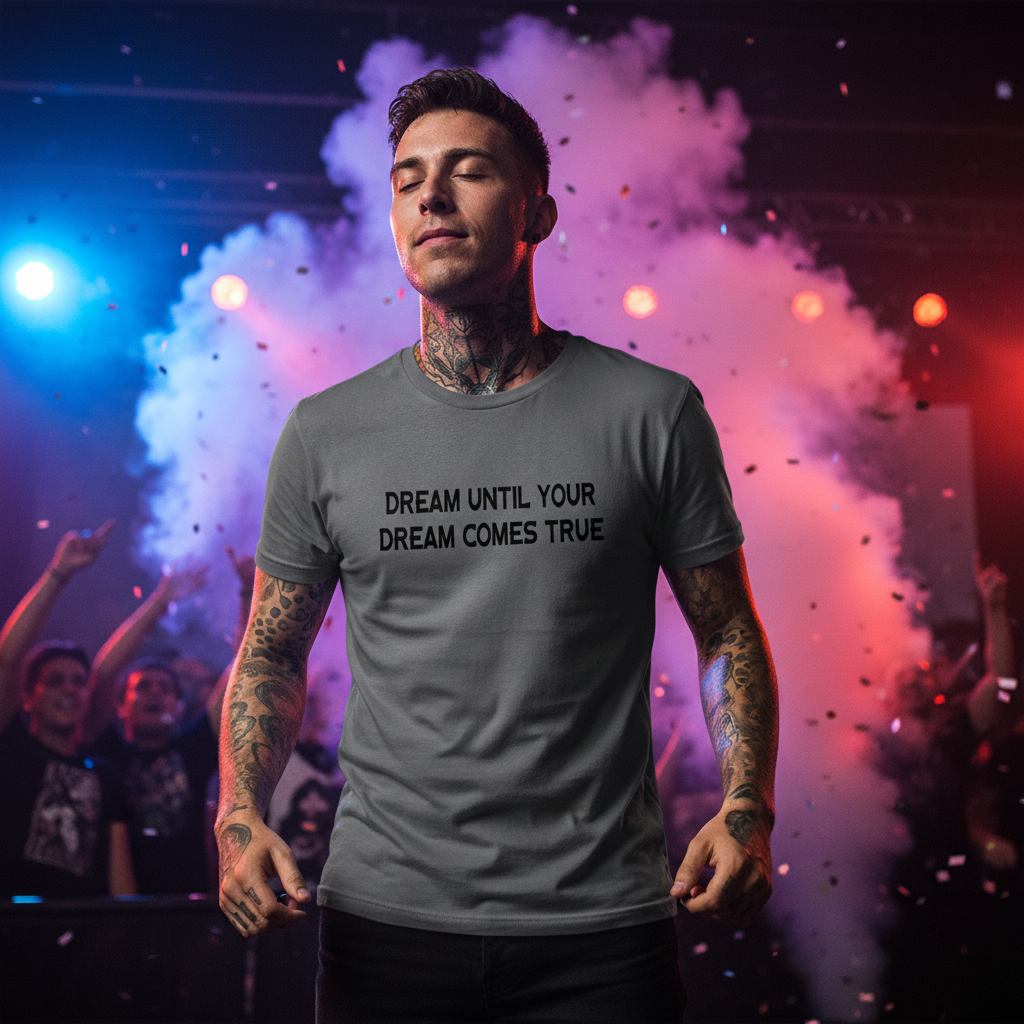 Gray t-shirt with motivational text 'Dream until your dream comes true' on a white background