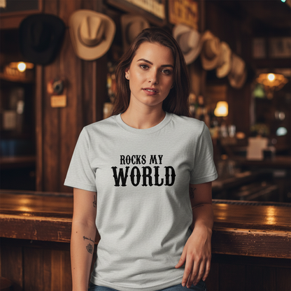 Gray t-shirt with 'ROCKS MY WORLD' text on a white background