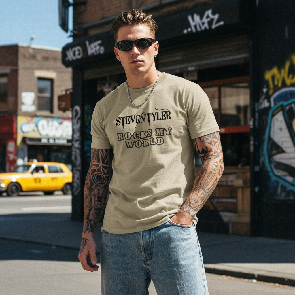 Beige t-shirt with 'Steven Tyler Rocks My World' text on a white background