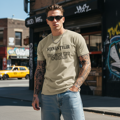 Beige t-shirt with 'Steven Tyler Rocks My World' text on a white background
