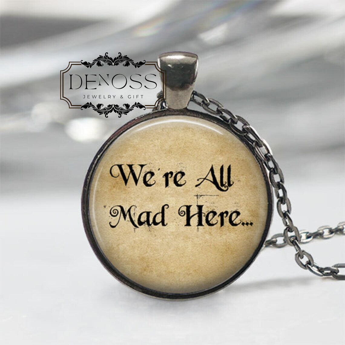Alice In Wonderland Jewelry,We're All Mad Here Cheshire Cat Alice in Wonderland Quote Necklace,Fairy Tale Jewelry Book Quote Alice Necklace