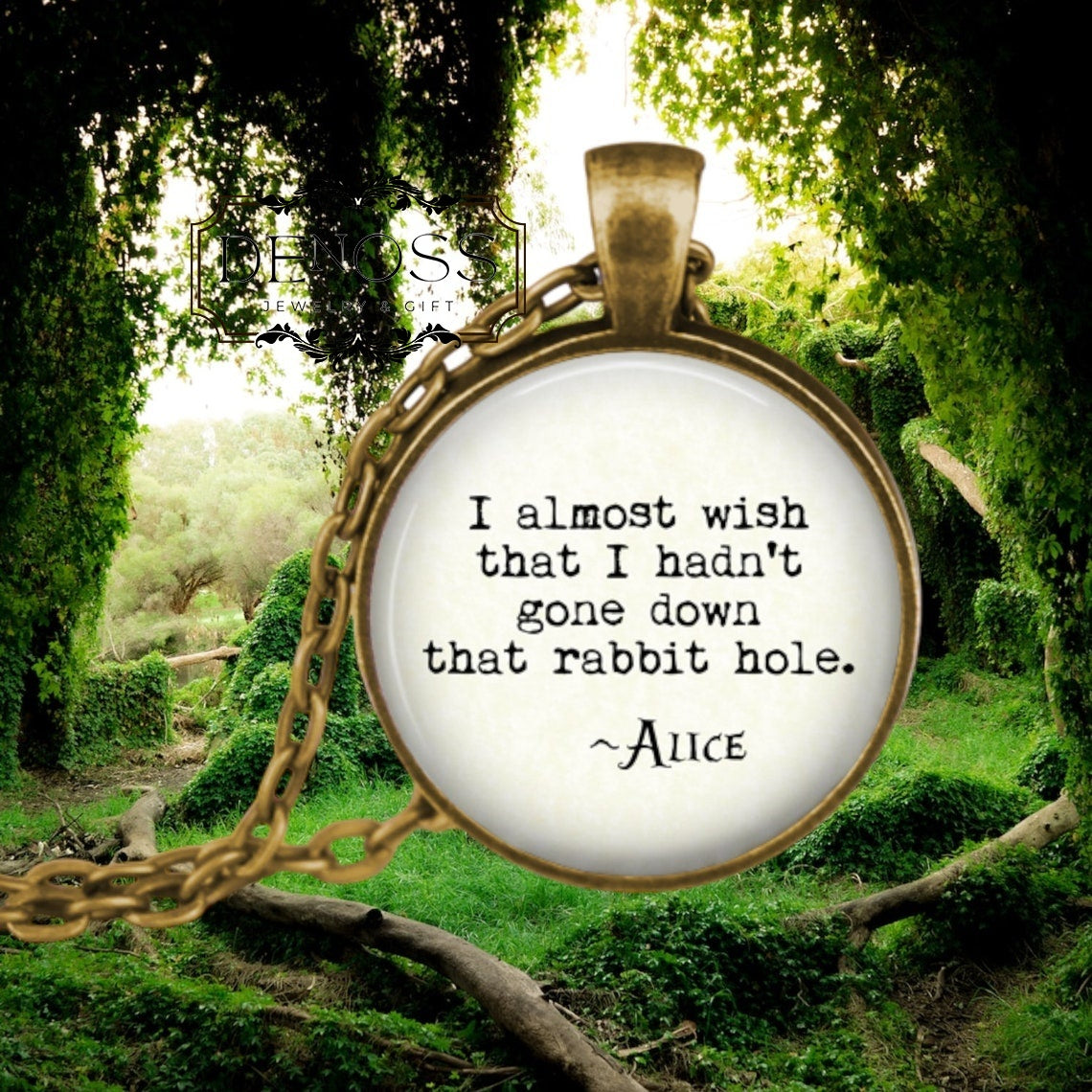 Alice in Wonderland Necklace, 'Rabbit Hole' Quote, Bookish Jewelry