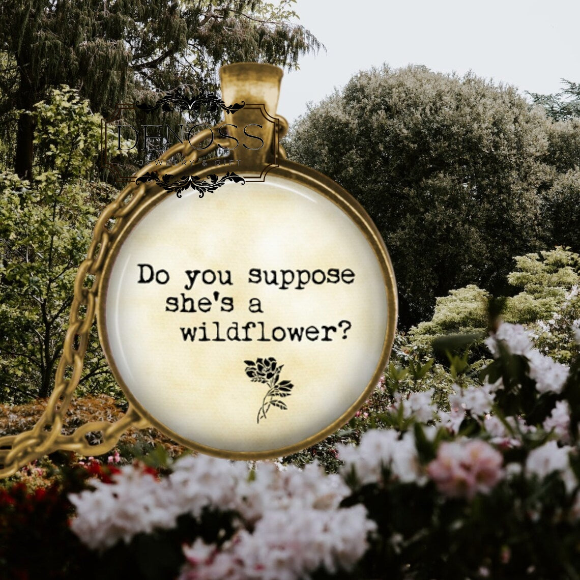 Alice in Wonderland Quote Pendant, Wildflower,White Rabbit Charm
