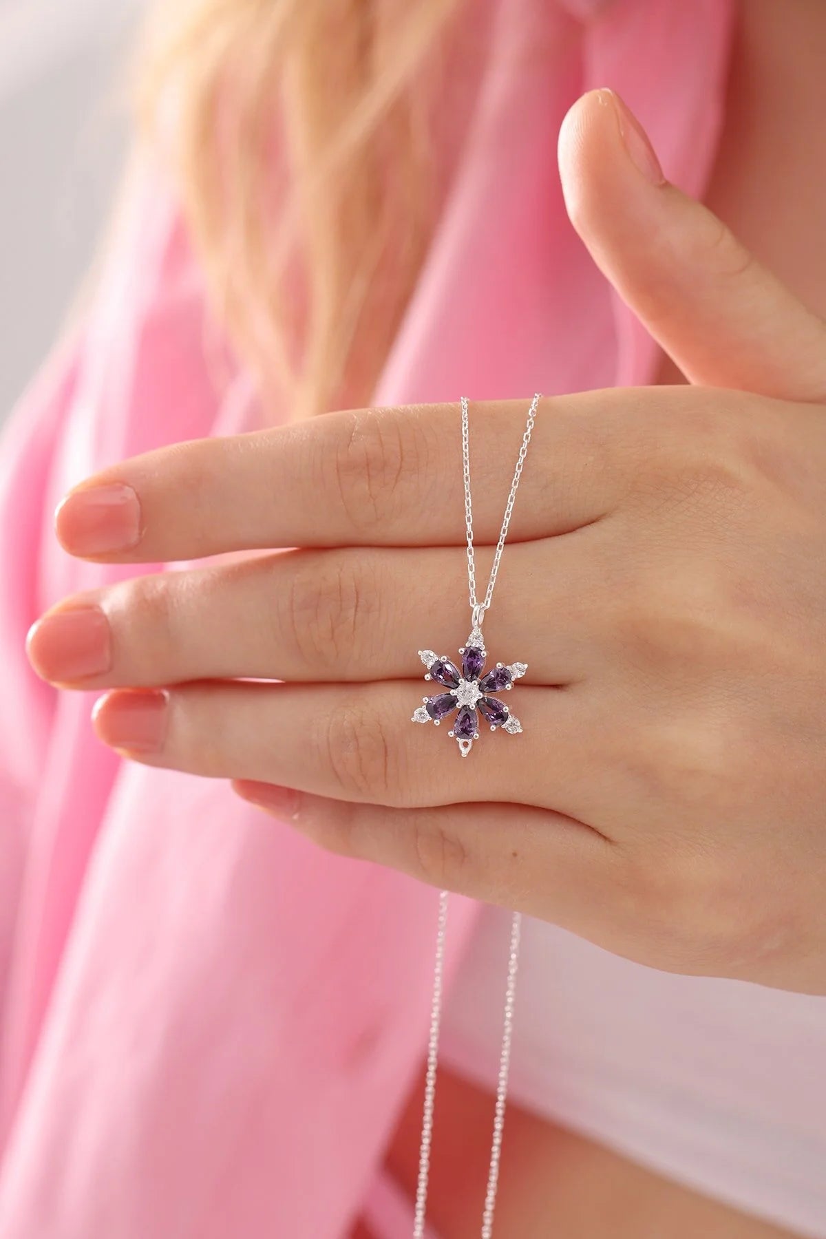 925 Sterling Silver Chain Amethyst Lotus Camellia Flower of Life Necklace