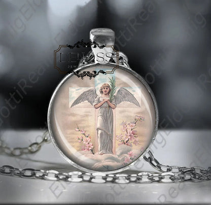 Angel Easter Crucifix Necklace Heaven Flowers - Religious Jewelry Medal Pendant