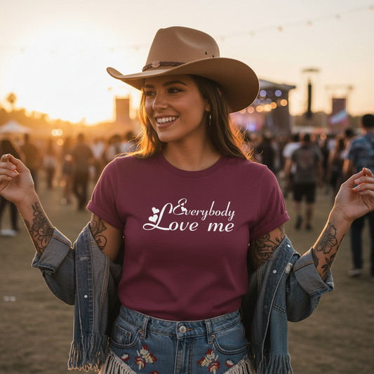 Maroon t-shirt with 'Everybody Love me' text on a white background