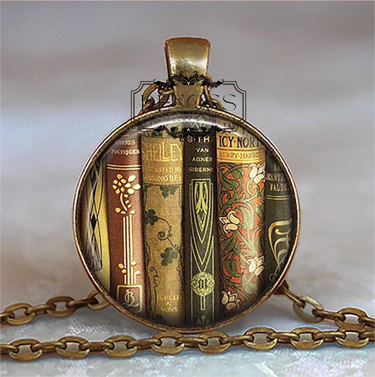 Antique Books necklace,book shelf,book jewelry,librarian gift,reader teacher gift,book club gift
