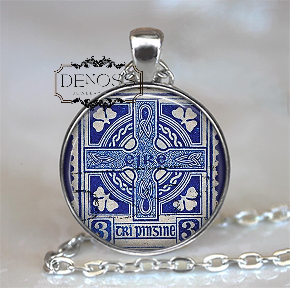 Antique Ireland Stamp necklace,Celtic Cross Ireland travel gift Eire antique stamp philately philatelist gift