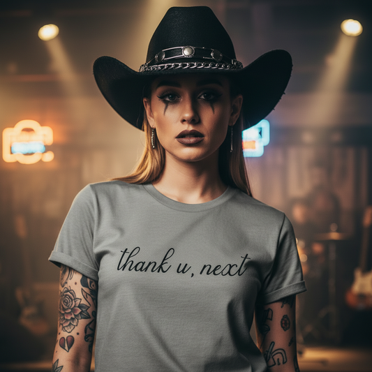 Gray t-shirt with 'thank u, next' text on a white background