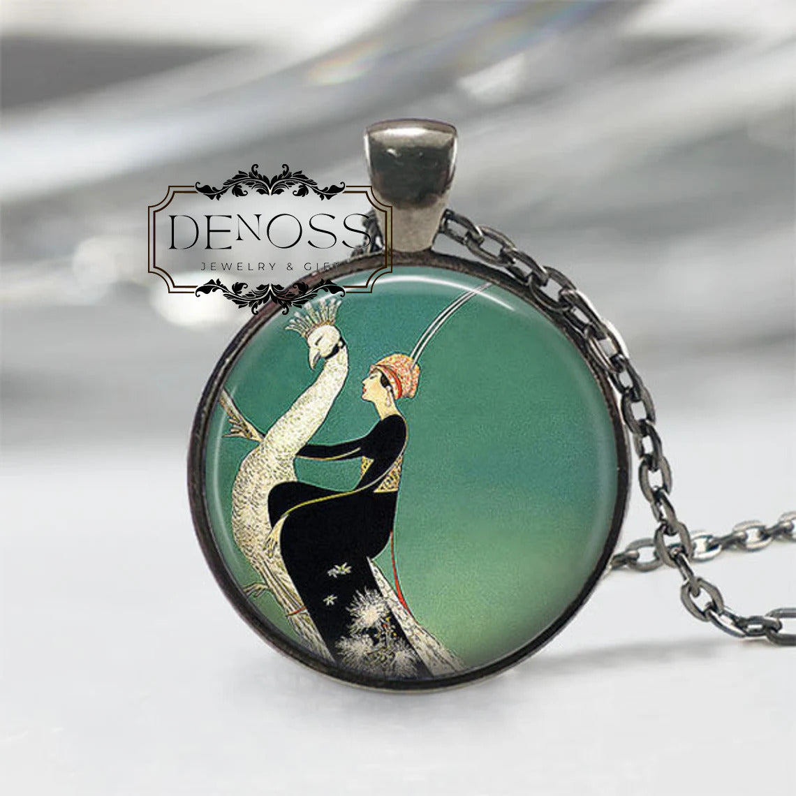 Art Deco Necklace,Art Deco Jewelry,Woman on White Peacock Jewelry Emerald Green Peacock Necklace,Great Gatsby Jewelry
