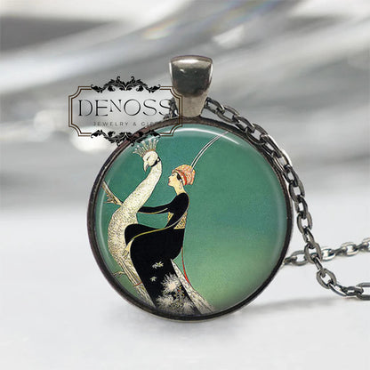 Art Deco Necklace,Art Deco Jewelry,Woman on White Peacock Jewelry Emerald Green Peacock Necklace,Great Gatsby Jewelry
