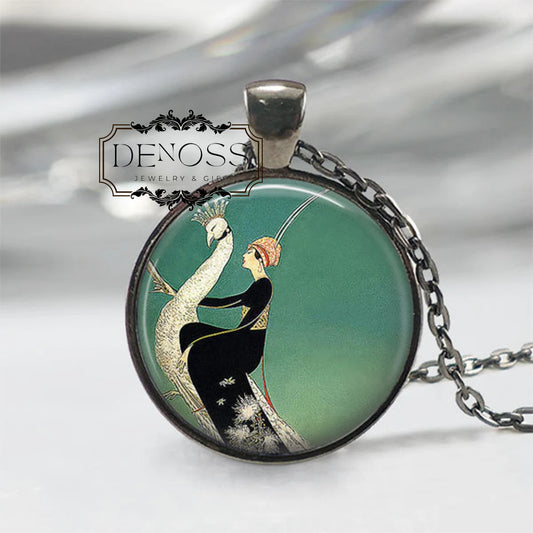 Art Deco Necklace,Art Deco Jewelry,Woman on White Peacock Jewelry Emerald Green Peacock Necklace,Great Gatsby Jewelry