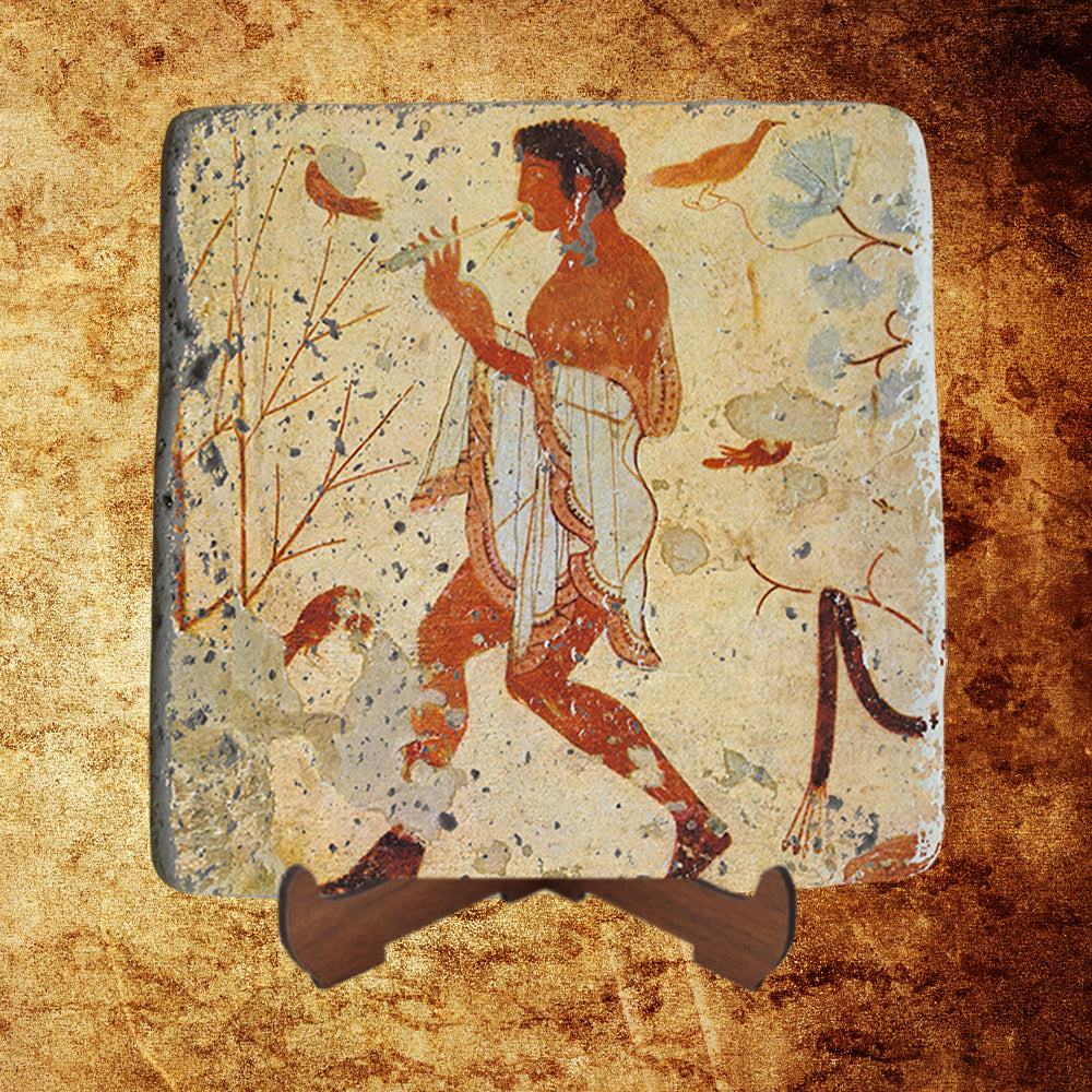 Etruscan Flute player dancing among birds Fresco on Stone