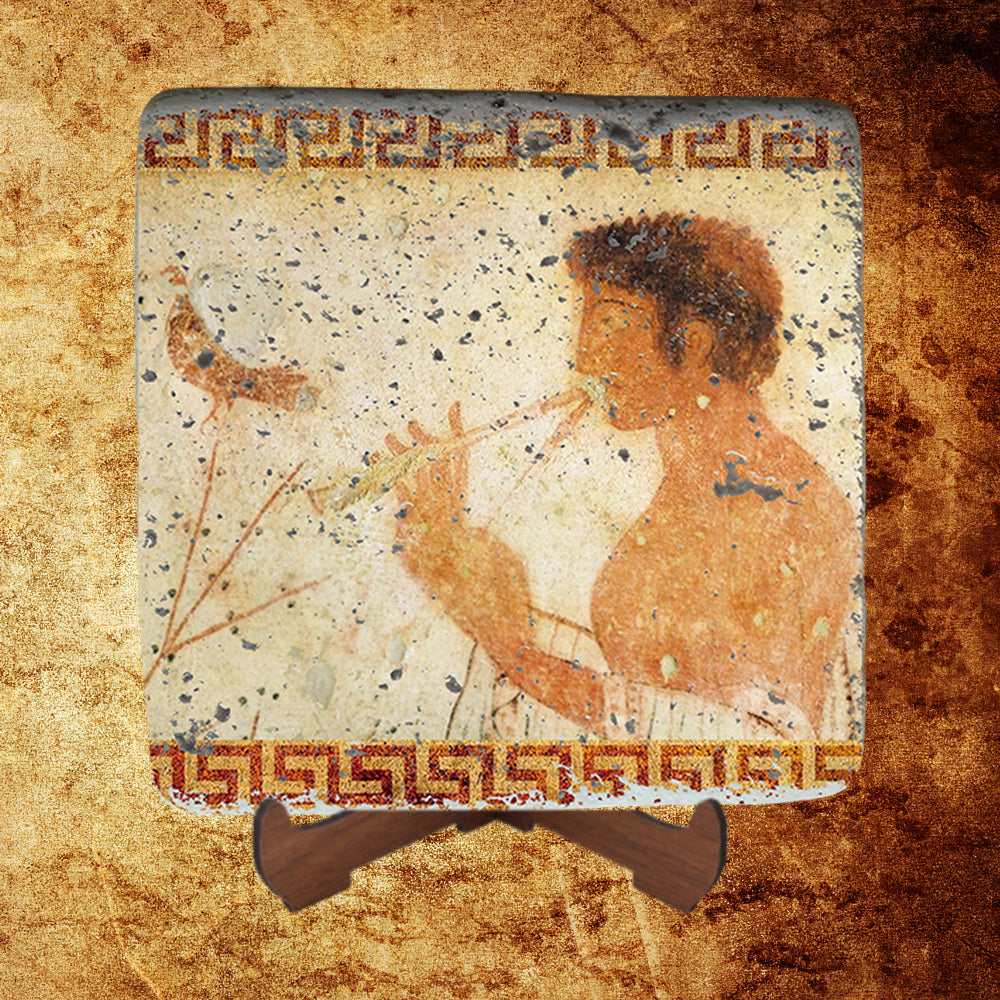 Musician playing double flute,Triclinium Tomb,Pompeii,Roman Art,Etruscan Art Fresco on Stone