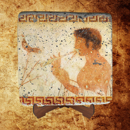 Musician playing double flute,Triclinium Tomb,Pompeii,Roman Art,Etruscan Art Fresco on Stone